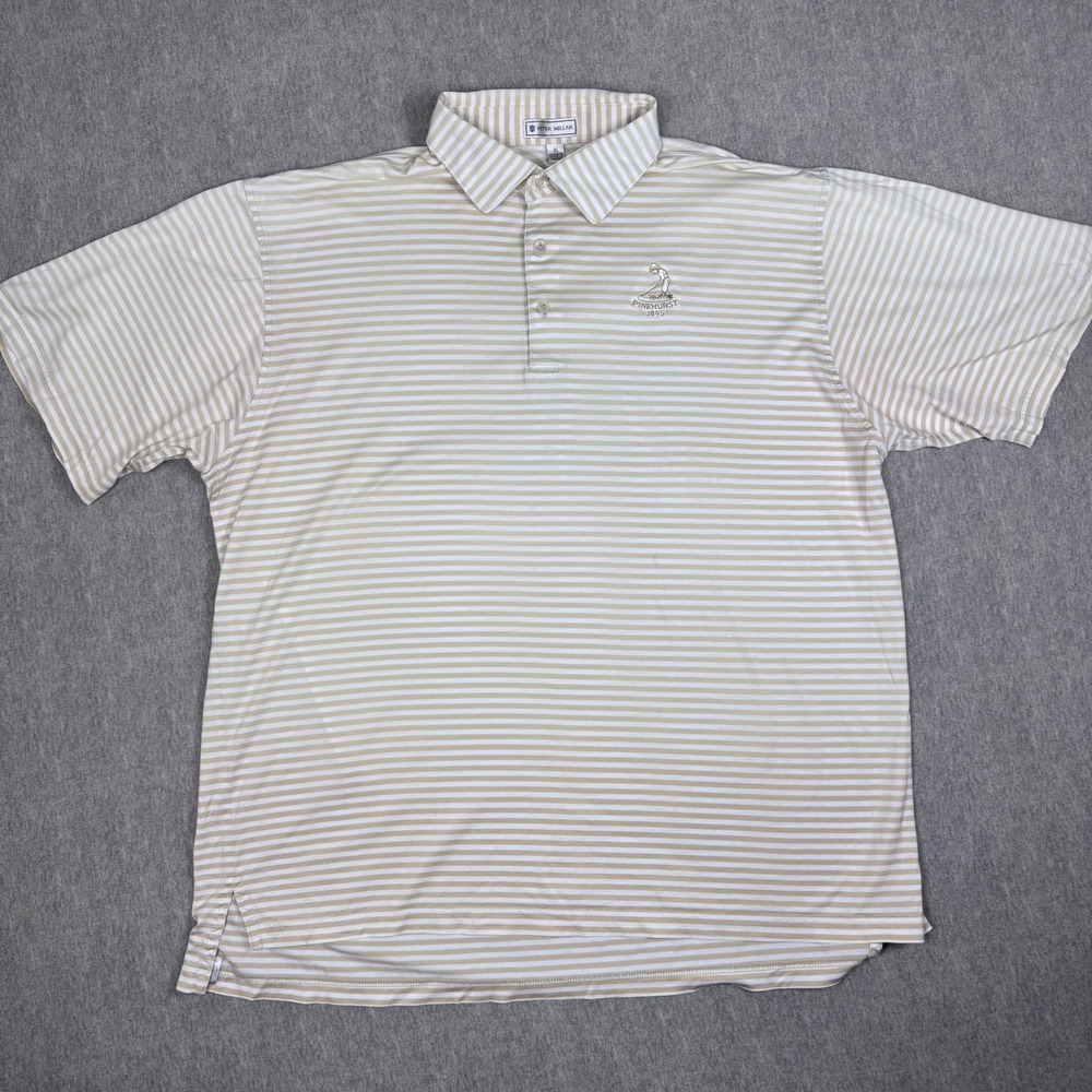 Peter Millar Pinehurst 1895 Striped Polo Shirt Mens XL Tan White Cotton Polo